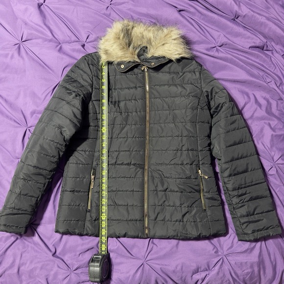 Gray Quilted Hooded Puffer Parka Womens Large Warm Winter Faux Fur Coat - Picture 4 of 7